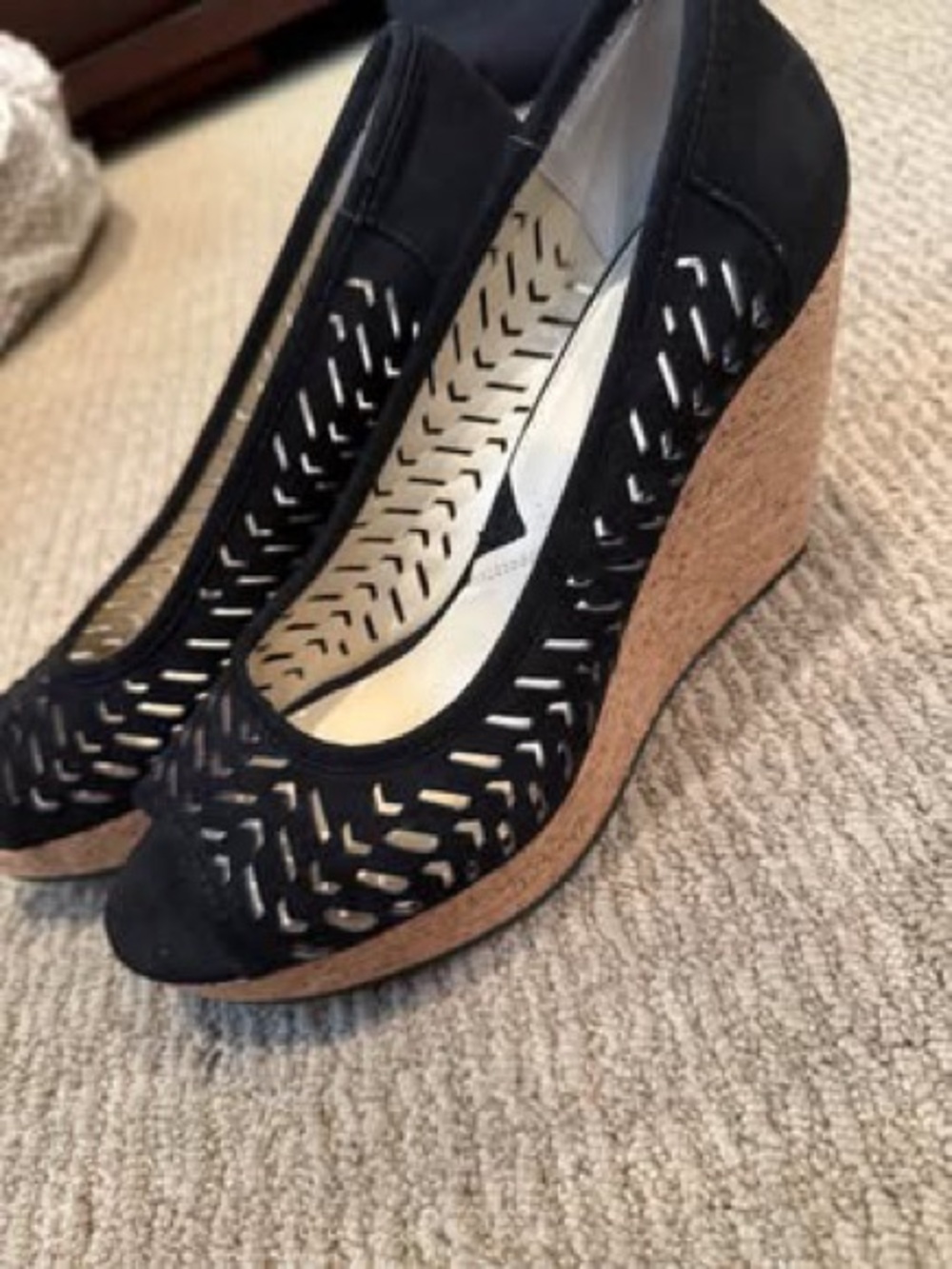 Adrienne Vittadini Women’s Black suede Cutout Peep-Toe Cork Wedge Heels